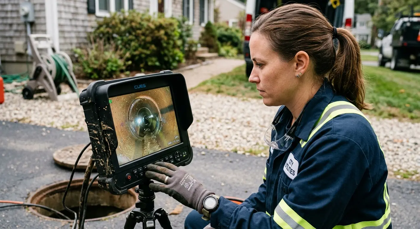 Technician reviewing sewer camera inspection footage in Winona Lake