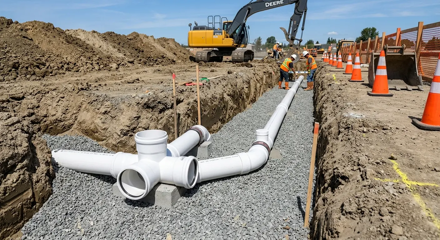 New PVC sewer pipe installation in open trench for Commercial Drain Cleaning in Winona Lake