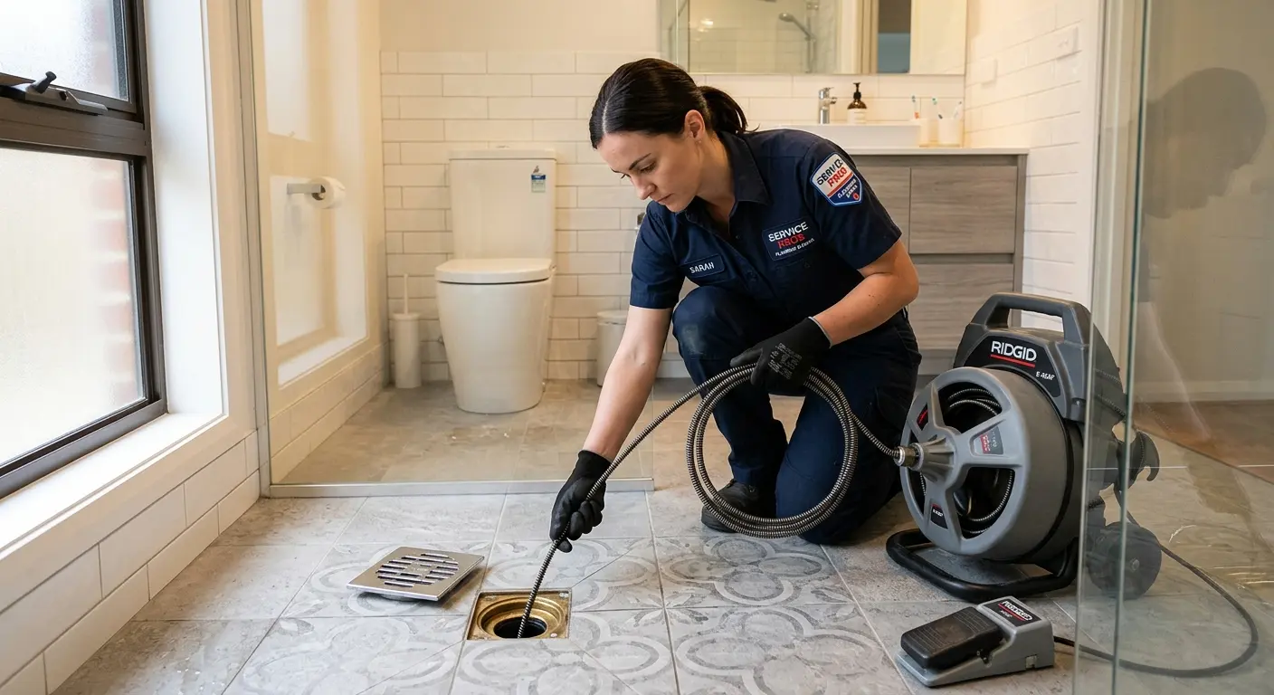 Technician clearing a bathroom floor drain for Drain Repair in Winona Lake